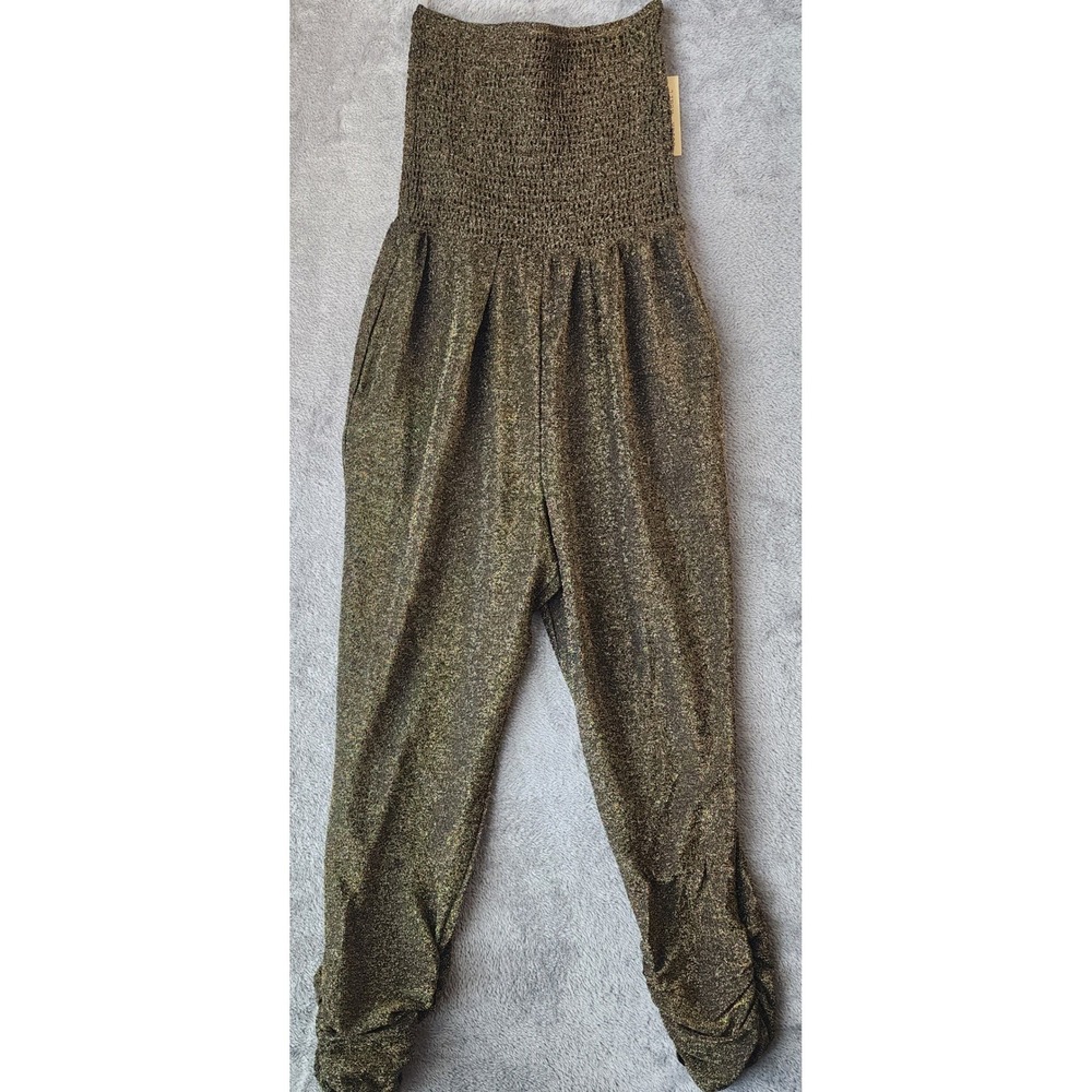 Derek Heart Jumpsuit Womens Medium Gold Metallic Smocked Strapless Retro